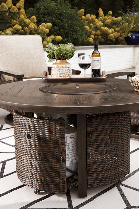 Paradise Trail Paradise Trail Fire Pit Table with 4 Nuvella Swivel Lounge Chairs - Atchison Furniture Company (Atchison, KS)